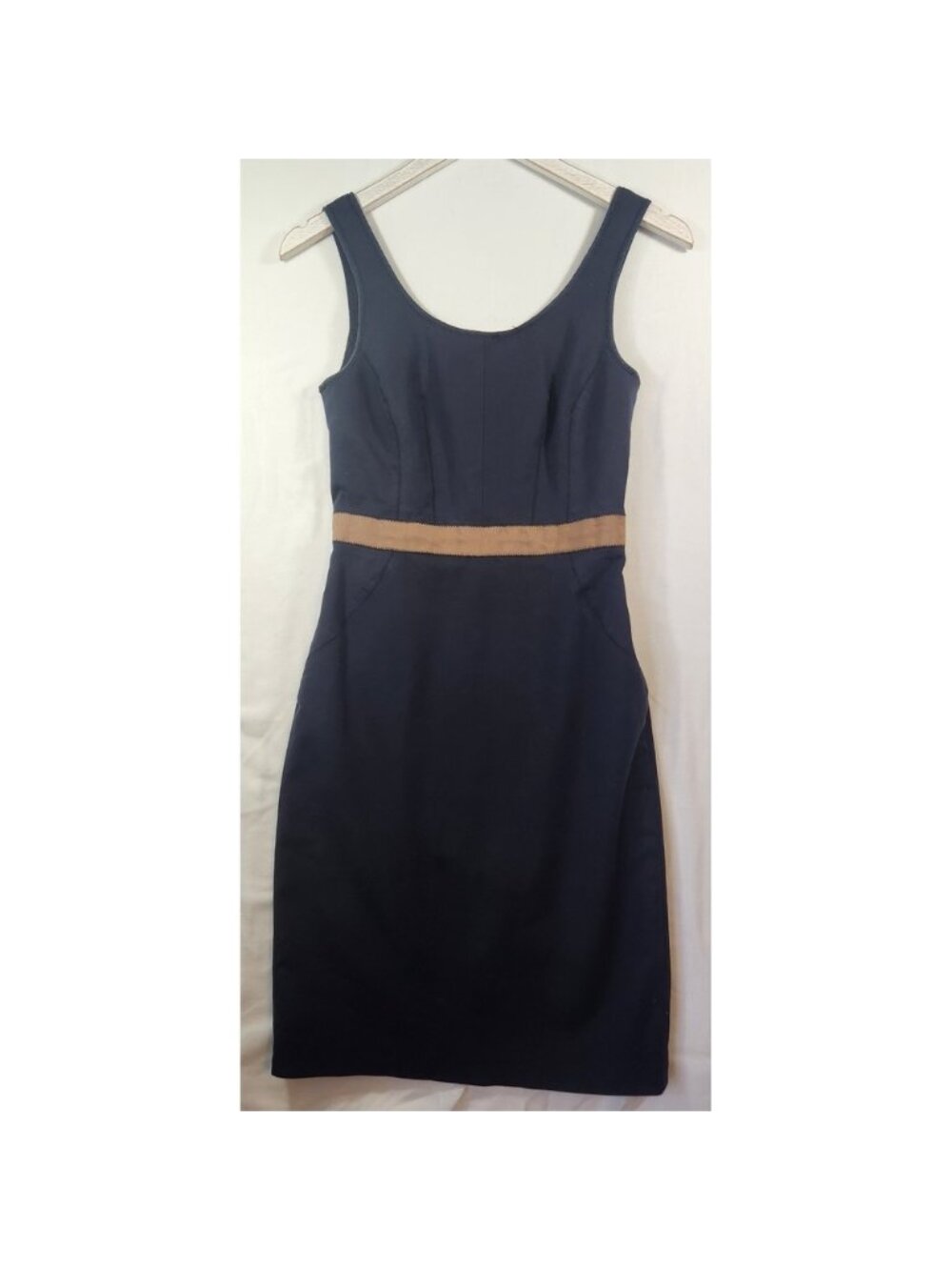 Club Monaco black Sheath Dress Tan Ribbon Trim Back Zip Pockets Size 2